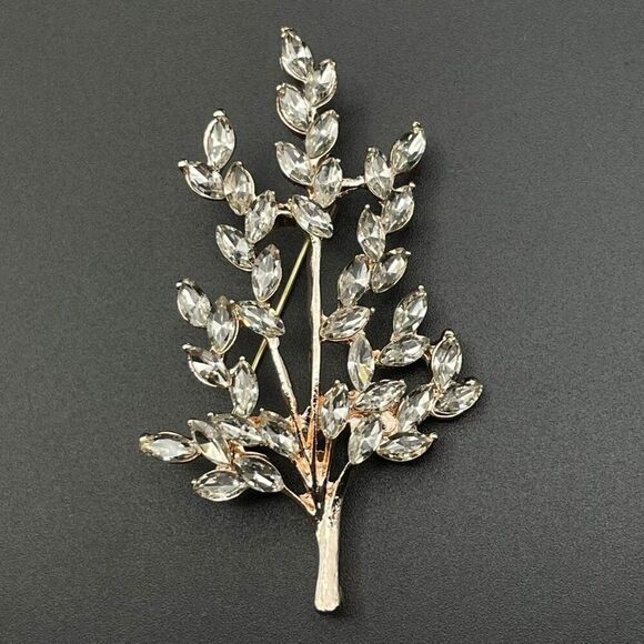 Rose Gold with White Diamond Crystal Tree Branch with Leaves Pin Back Brooch - Picture 1 of 9